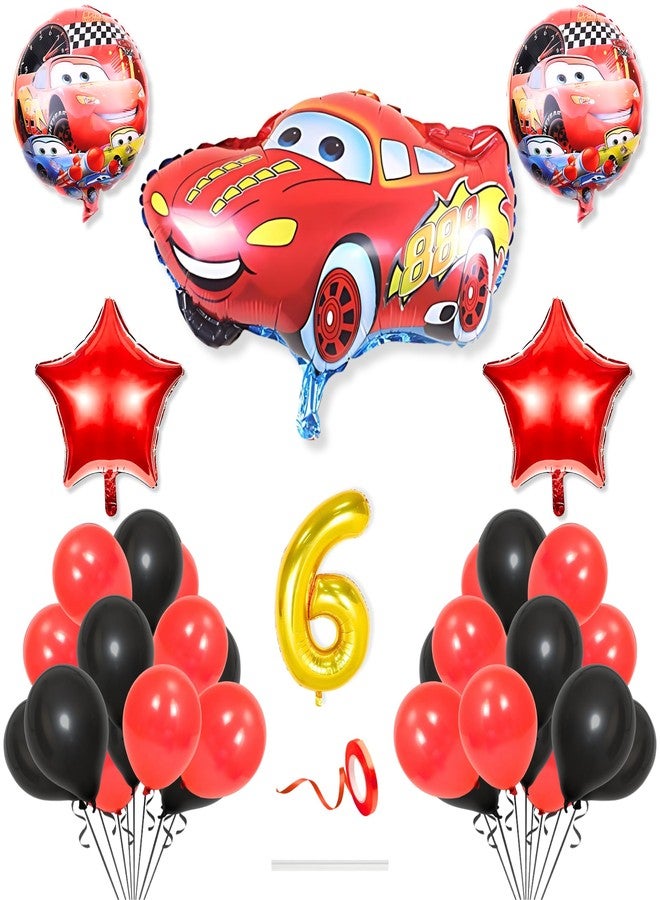 Flyloons 6th Car Theme Decoration for Birthday Red Black 6 year Baby Boys Girls Kids 5 Pcs Lightning Macqueen Theme 30 Pcs Metallic Balloons Decoration Kit Set Items 2 Pcs Red Star - Image 1